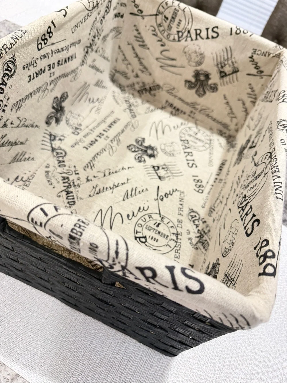Vintage Paris Print Lined Woven Storage Black Wicker Home Basket Shabby Chic
